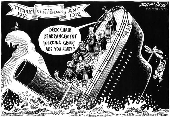 A cartoon of people rearranging deck chairs on the sinking Titanic